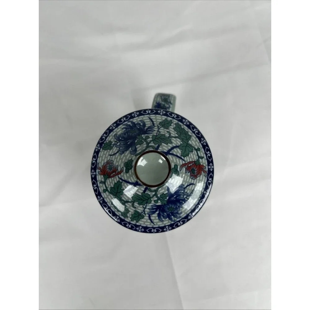 Chinese Porcelain Tea Mug With Lid & Infuser Floral Blue Green Tea Cup Tumbler